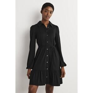 BODEN Preppy Belted Collared Jersey Button Up Shirt Dress 14 Black Dark Academia